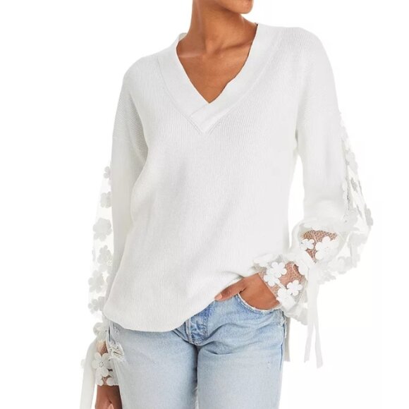 French Connection Caballo Appliqué Flower Sleeve Sweater Small, SUMMER WHITE NWT - Picture 5 of 10